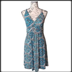 Vntg Bisou Bisou Teal Abstract Print Knee Length Pendant Sun Dress